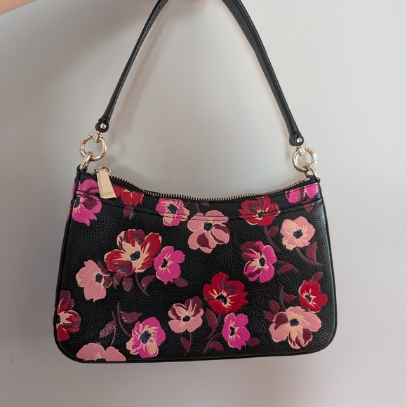 Kate Spade Pebbled Leather Black, Pink & Red Floral Shoulder Bag Poppy Flowers - Picture 2 of 10